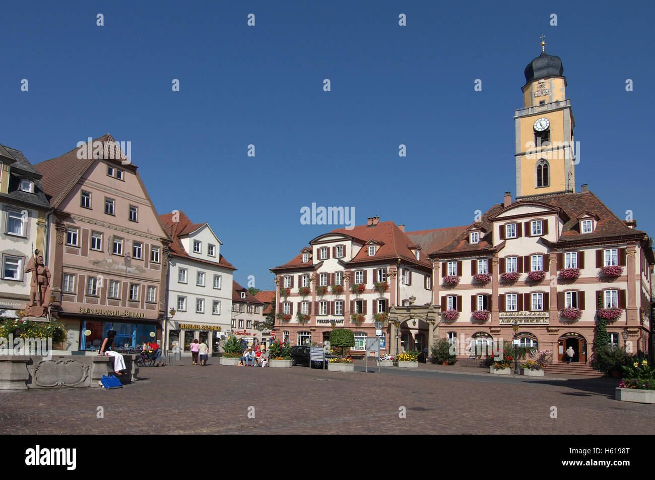 Town hall, line of houses, church tower, Market-Place, Bad Mergentheim, Baden-Wuerttemberg, Germany Stock Photo