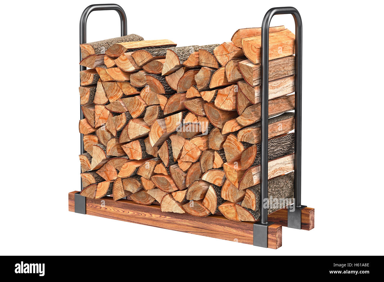 Firewood stack metal rack Stock Photo