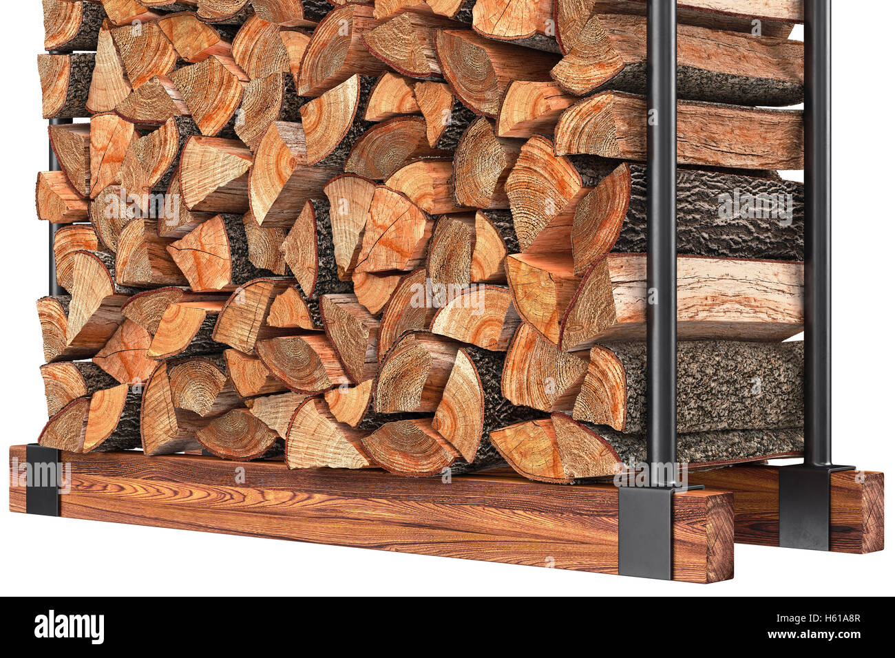 Firewood stack metal rack, close view Stock Photo