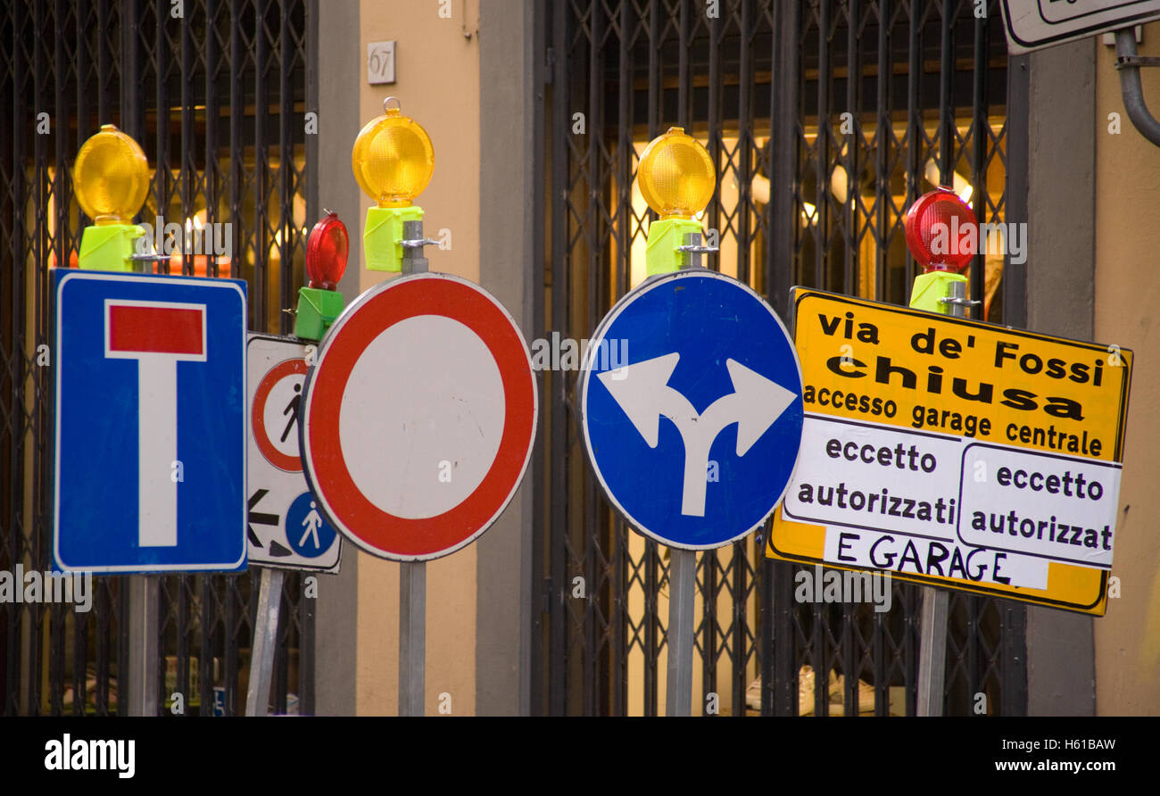 Confusing road signs in Italy Stock Photo
