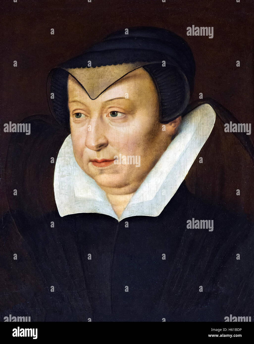Catherine de Medici (Catherine de Médicis:1519-1589), Queen of France from 1547 until 1559, as the wife of King Henry II. Portrait c.1580 by unknown artist, oil on oak panel. Stock Photo