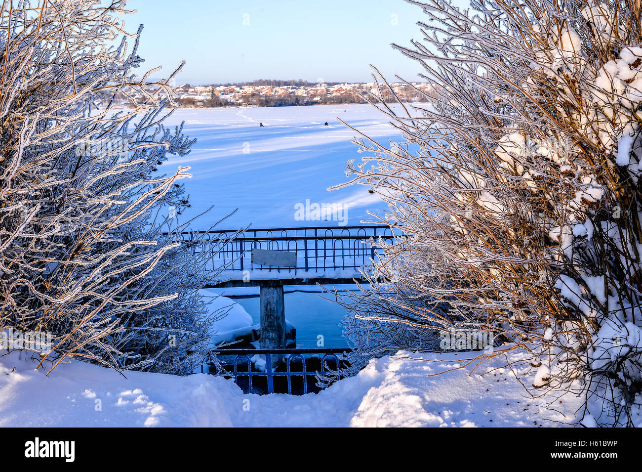 Winter sunny landscape with river and forest Stock Photo - Alamy