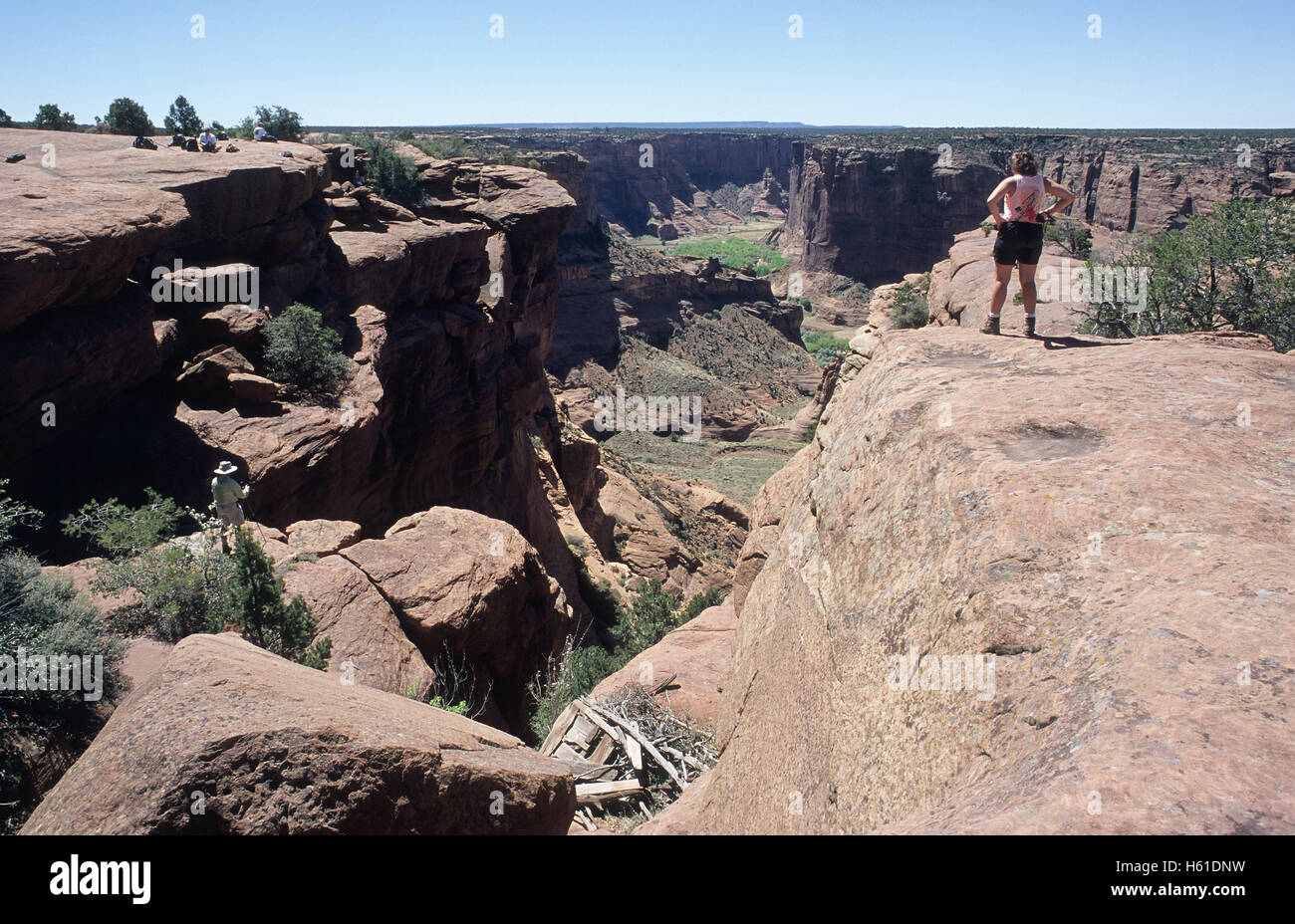 Hikers on north rim overlooking Canyon de Chelly National Monument, Arizona Stock Photo