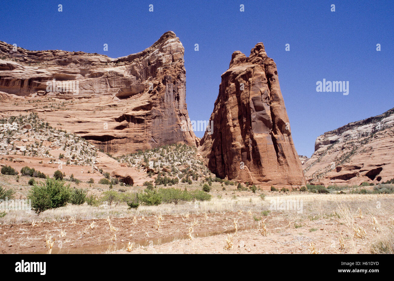 Sandstone cliffs and farmland in Canyon de Chelly National Monument, Arizona Stock Photo