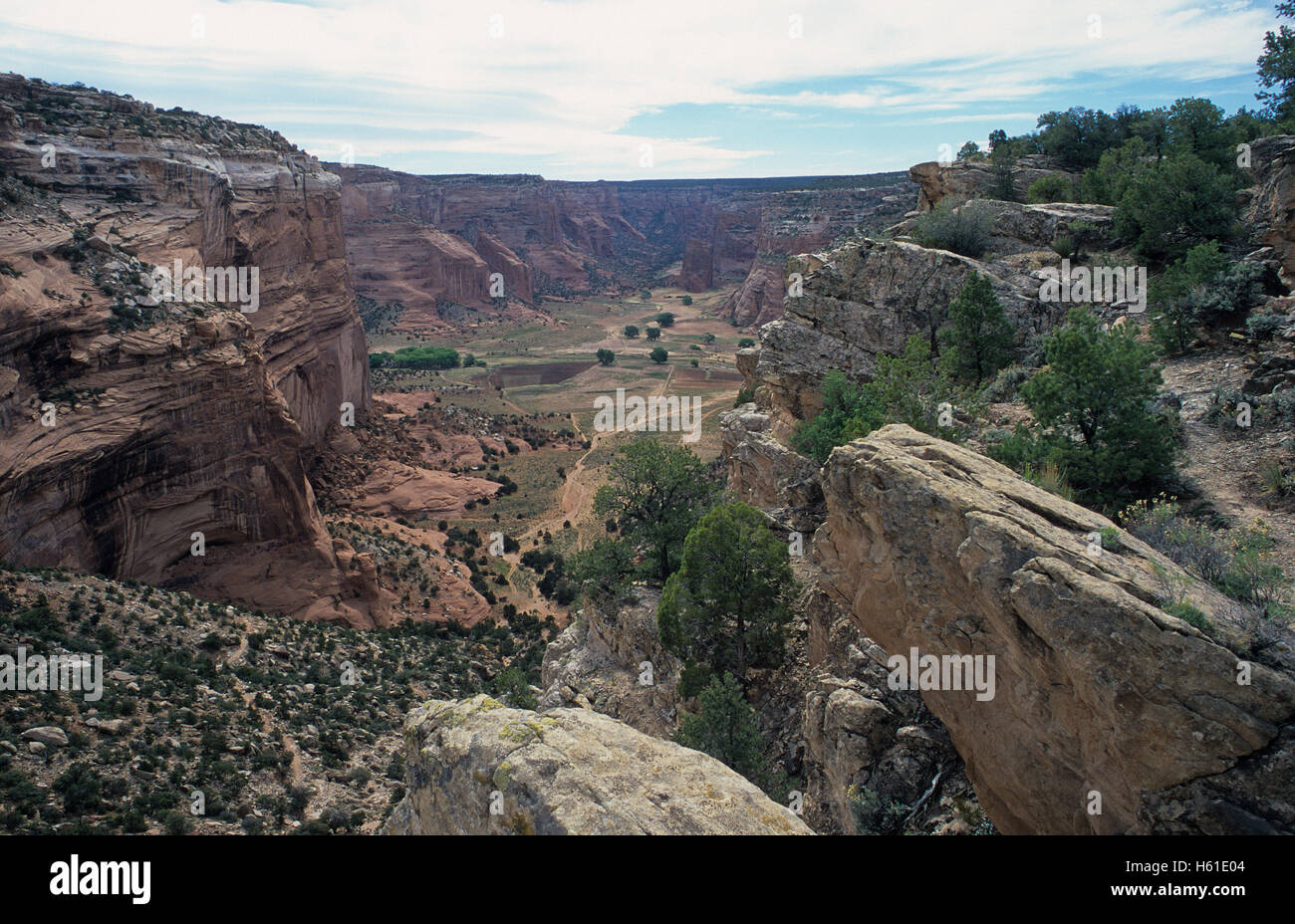 View of farmland and sandstone cliffs in Canyon de Chelly National Monument, Arizona Stock Photo