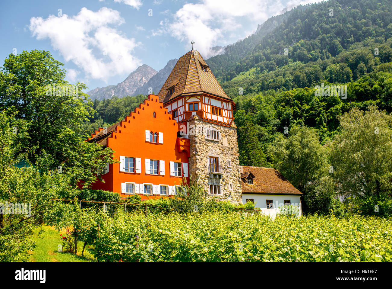 Red house in Liechtenstein Stock Photo