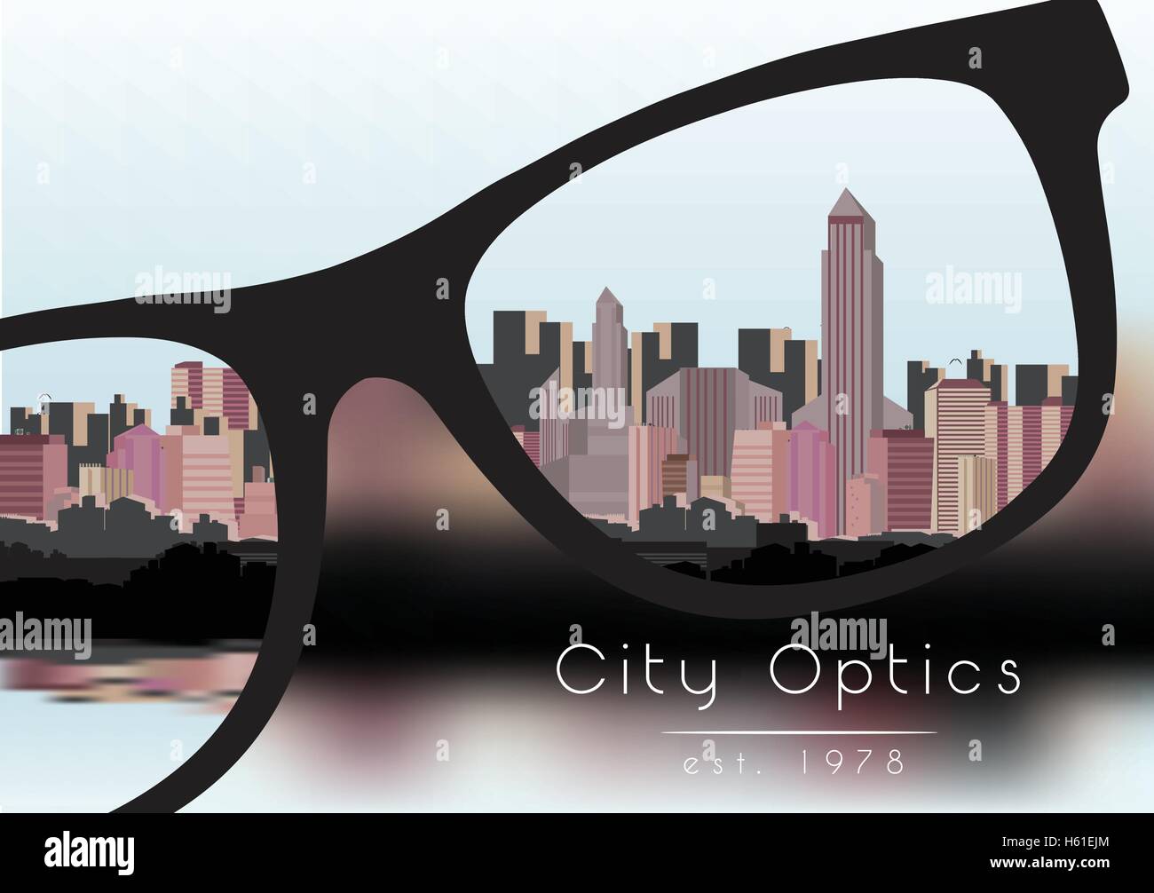 Out of Focus Business Building City with Sky and with Glasses that Correct the Vision - Vector Illustration Stock Vector