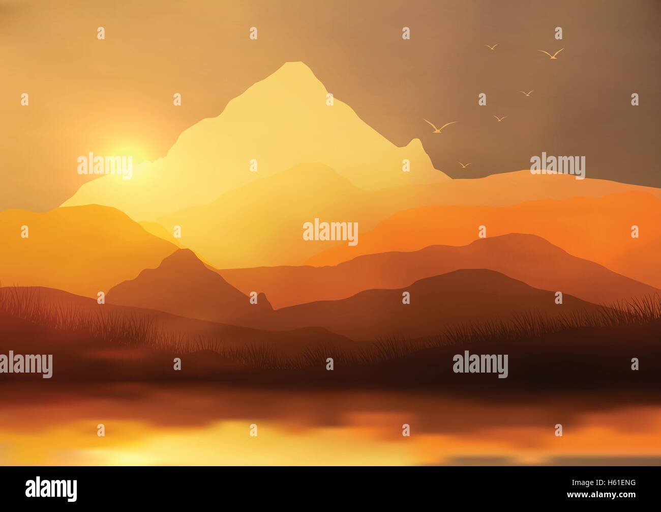 Golden Sunset Panorama of Mountain Ridges and Pine Forest with Lake Reflection - Vector Illustration Stock Vector