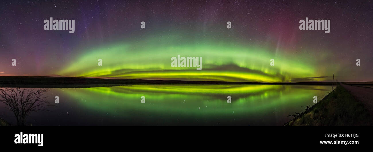A 150° panorama of the Northern Lights forming a classic arc across the north, with curtains stretching up along magnetic field Stock Photo