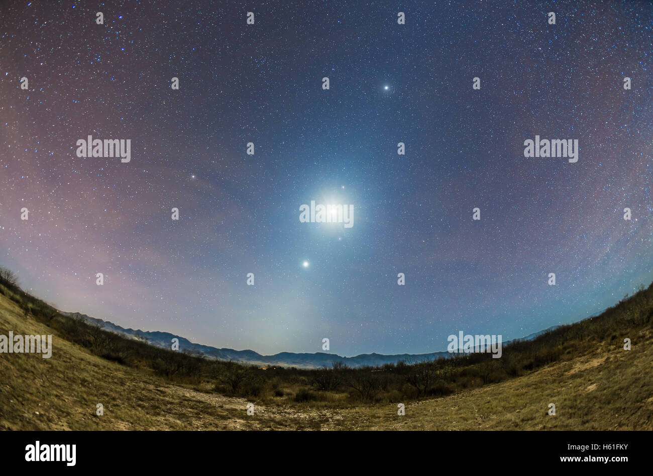 The Zodiacal Light of a late autumn/early winter morning faintly visible amid the moonlight from the waning crescent Moon, at ce Stock Photo