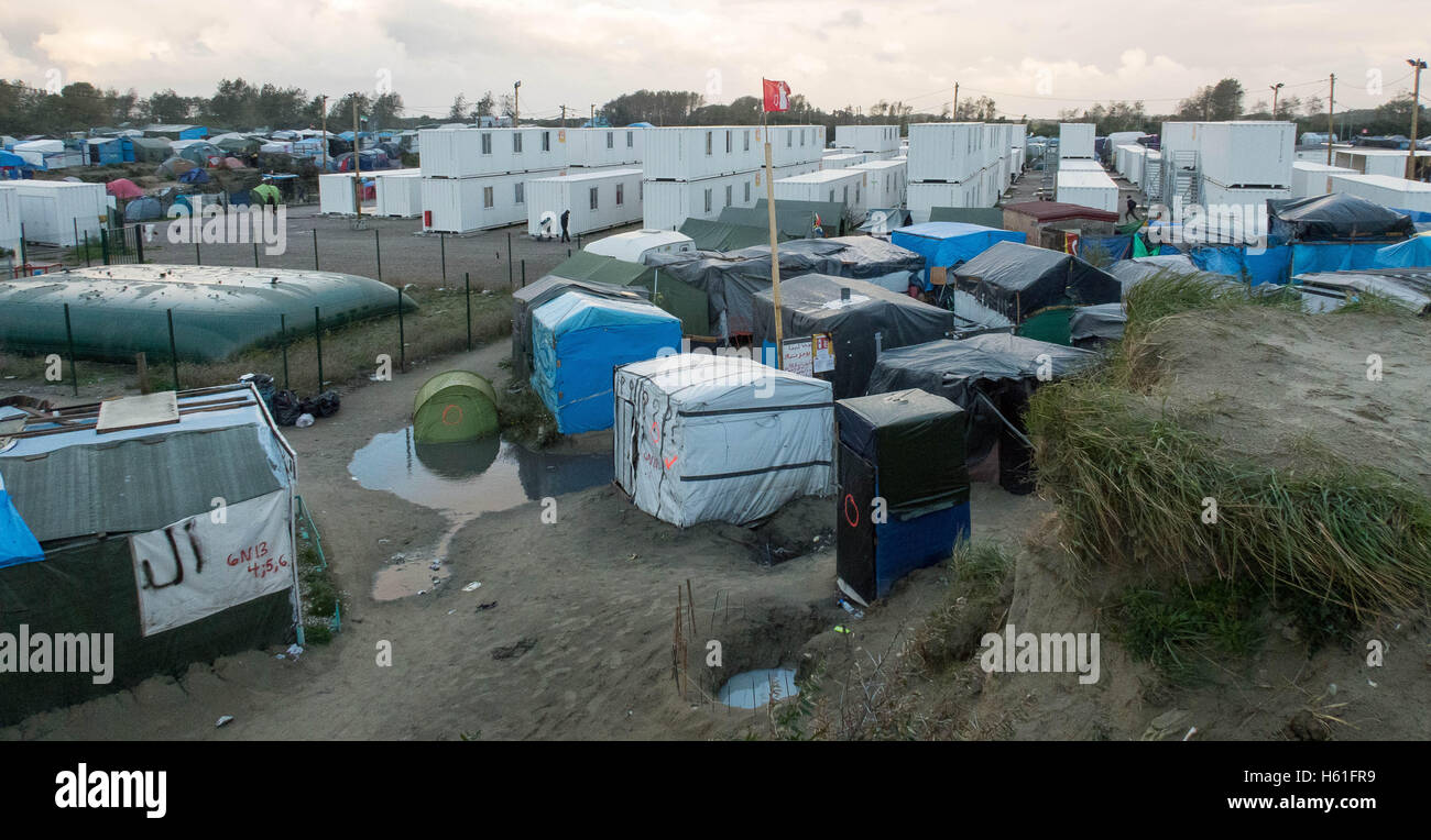 General View GV of the Calais 'Jungle' migrant camp from a high vantage