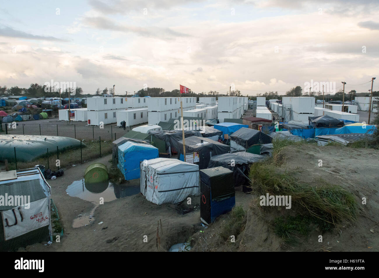 General View GV of the Calais 'Jungle' migrant camp from a high vantage