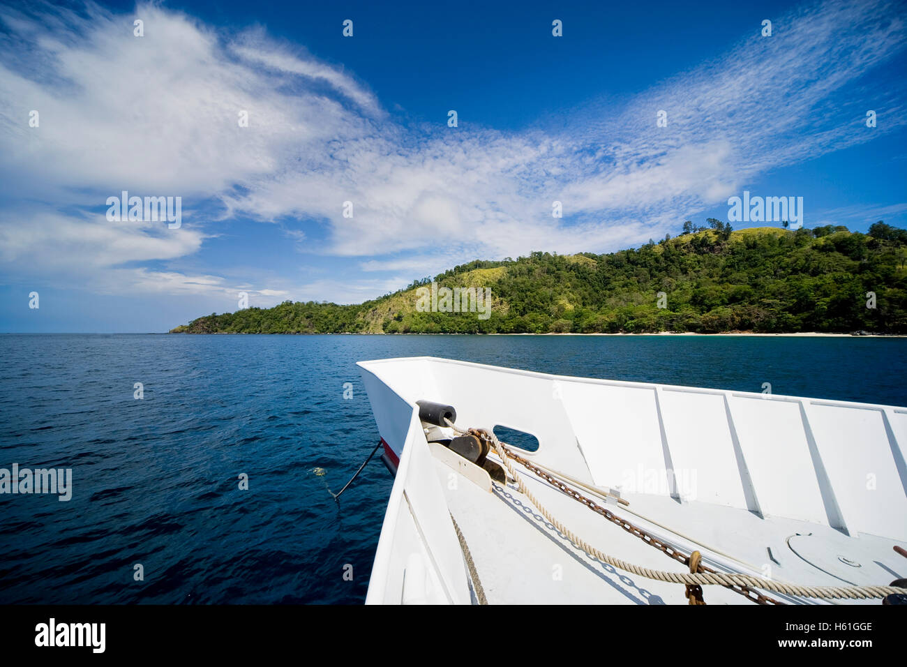 Bow of a boat in front of tropical landscape, Sulawesi, Indonesia, Southeast Asia Stock Photo