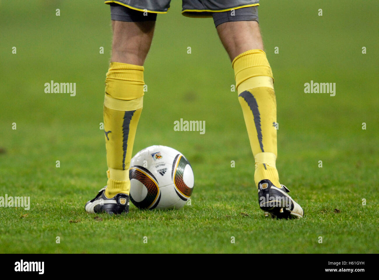 Legs of Timo Hildebrand and the adidas World Cup football Jabulani Stock Photo