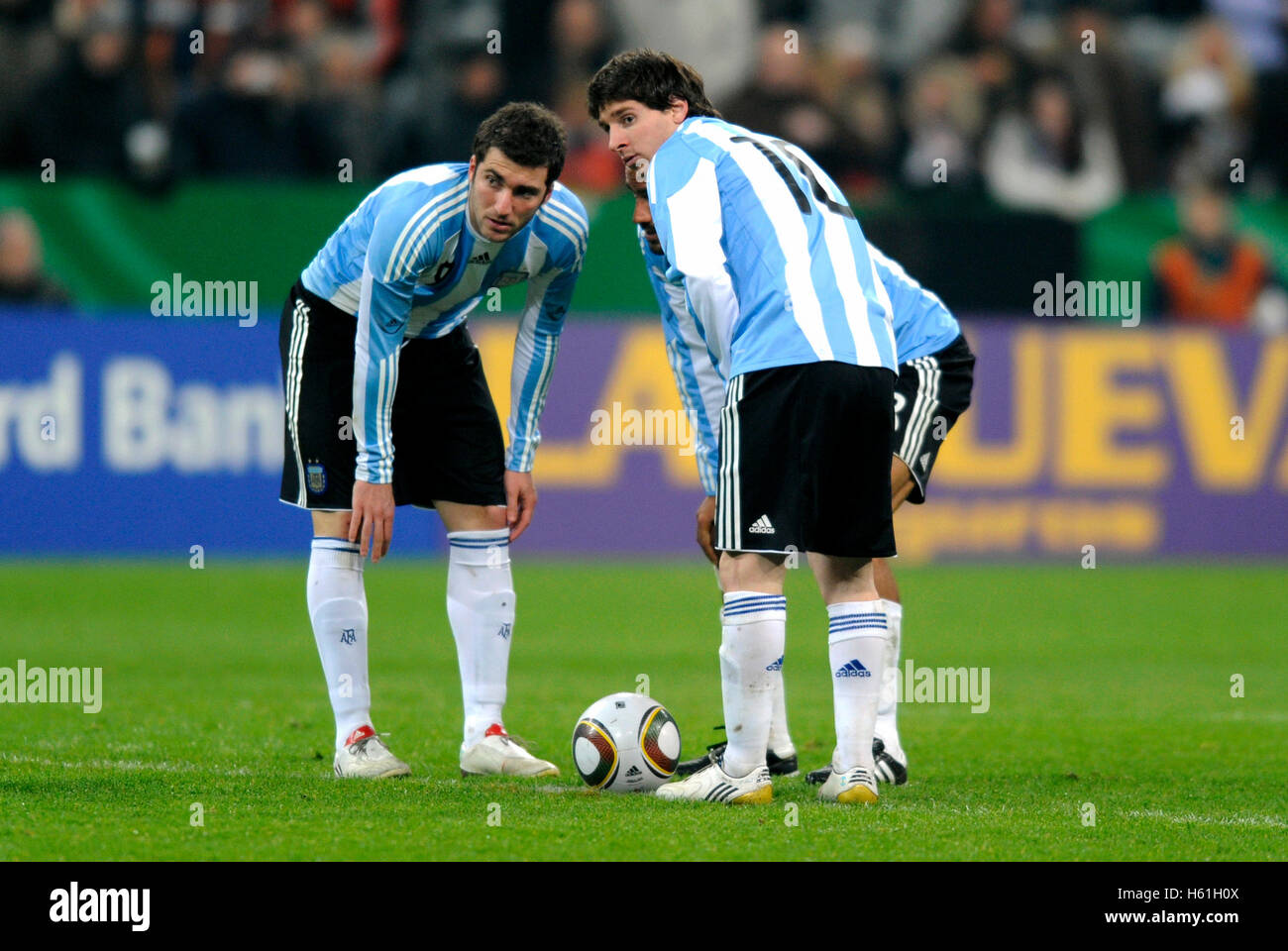 From left Gonzalo Higuain, Juan Sebastian Veron, Lionel Messi, football match Germany vs. Argentina 0:1 in the Allianz-Arena Stock Photo