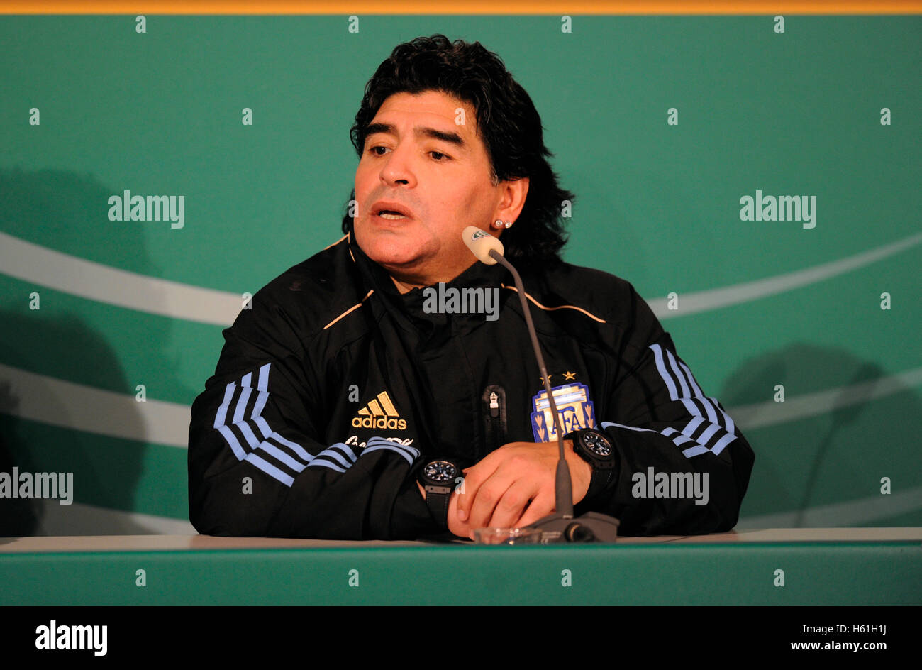 Press conference, Diego Maradona, international football match, Germany - Argentina 0:1, Allianz-Arena, Munich, Bavaria Stock Photo