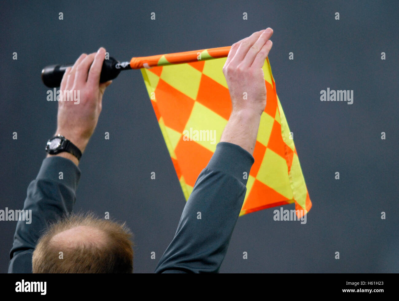 Referee assistant displays the flag for an exchange, German Soccer League, 2009/2010 season, 17th matchday, match FC Schalke 04 Stock Photo