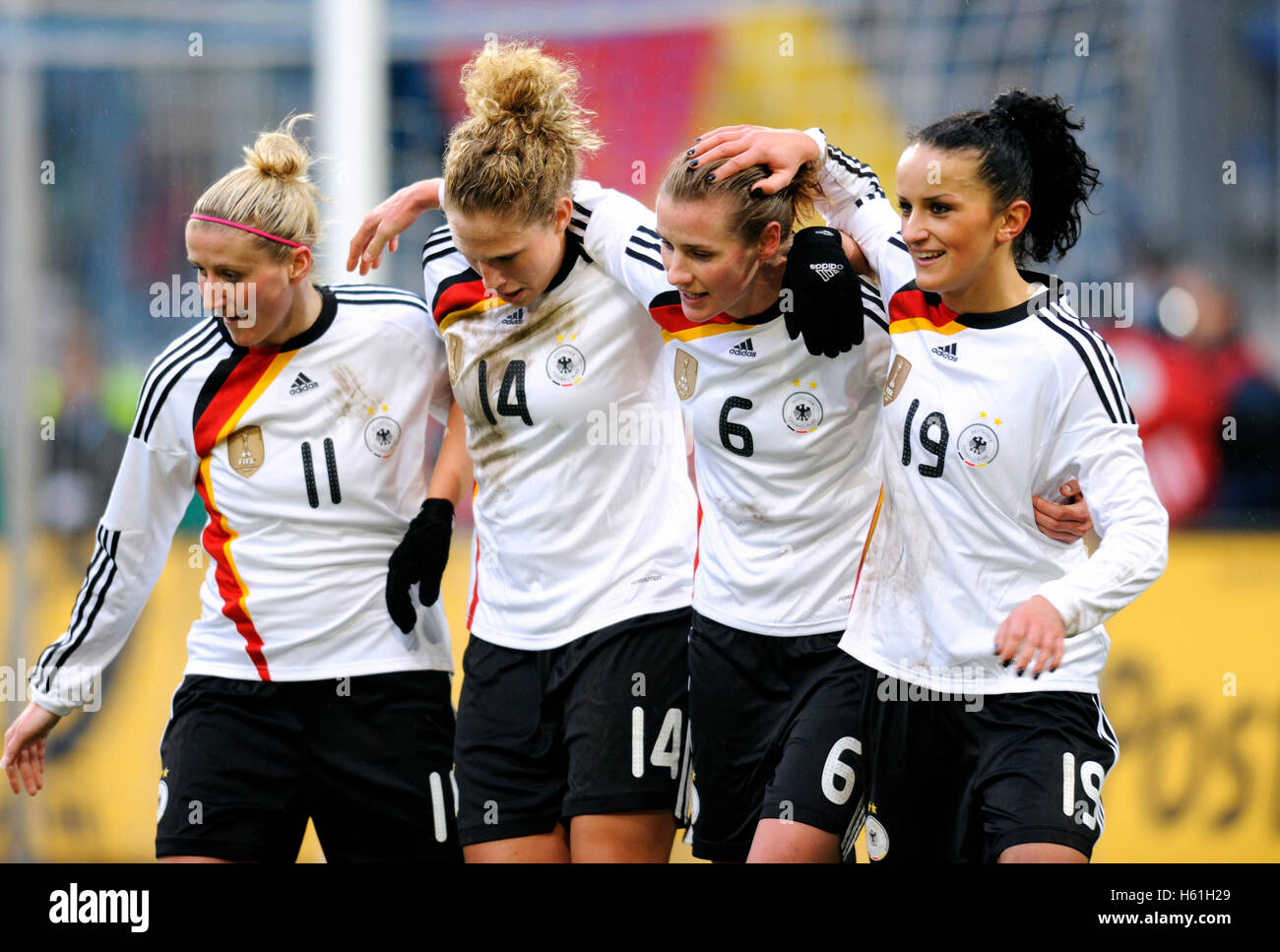 Elation of German team after the 2:0 by Simone Laudehr, from left: Anja Mittag, Kim Kulig, Simone Laudehr, Fatmire Bajramaj, Stock Photo