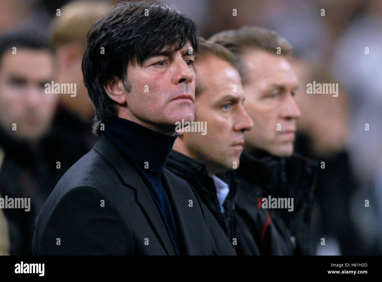 Joachim Loew, Hansi Flick and Andreas Koepke, view from left to right, soccer friendly game, Germany - Ivory Coast 2-2 at the Stock Photo