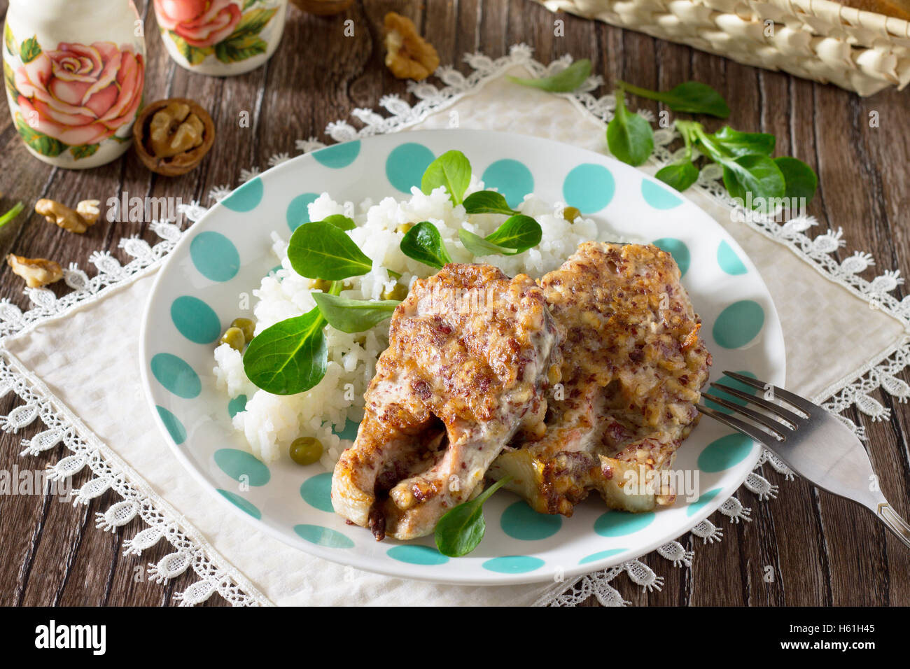 Grilled red fish with walnuts - healthy diet, diet. Stock Photo