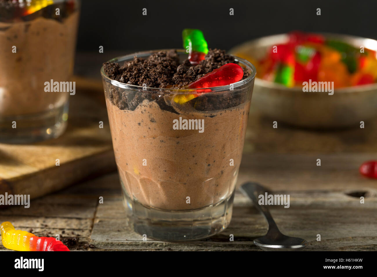 Homemade Chocolate Dirt Pudding with Gummy Worms Stock Photo Alamy