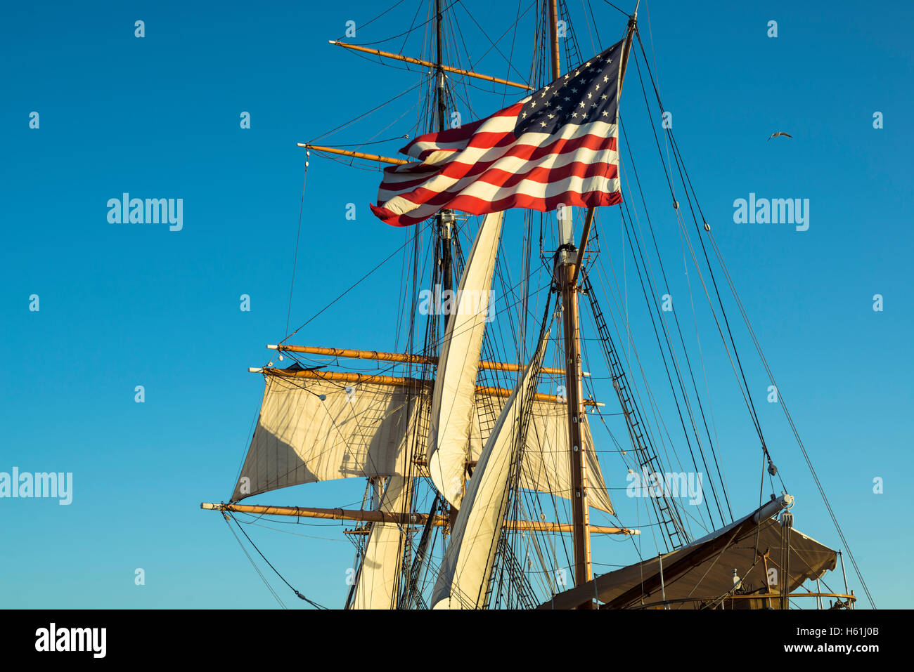 American Flag on part of the rigging of the Star of India ship. San Diego, California, USA. Stock Photo