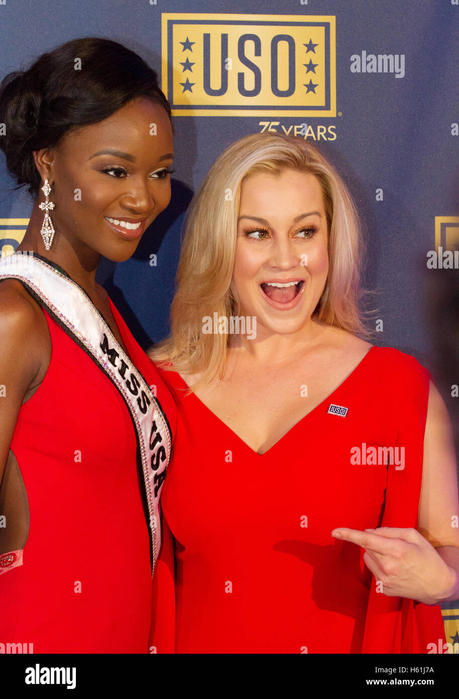 Kellie Pickler, American country music artist, television personality, American Idol contestant, and Deshauna Barber, Miss USA arrives on the red carpet for the USO Gala at the DAR Constitution Hall on October 20, 2016 in Washington DC. Stock Photo