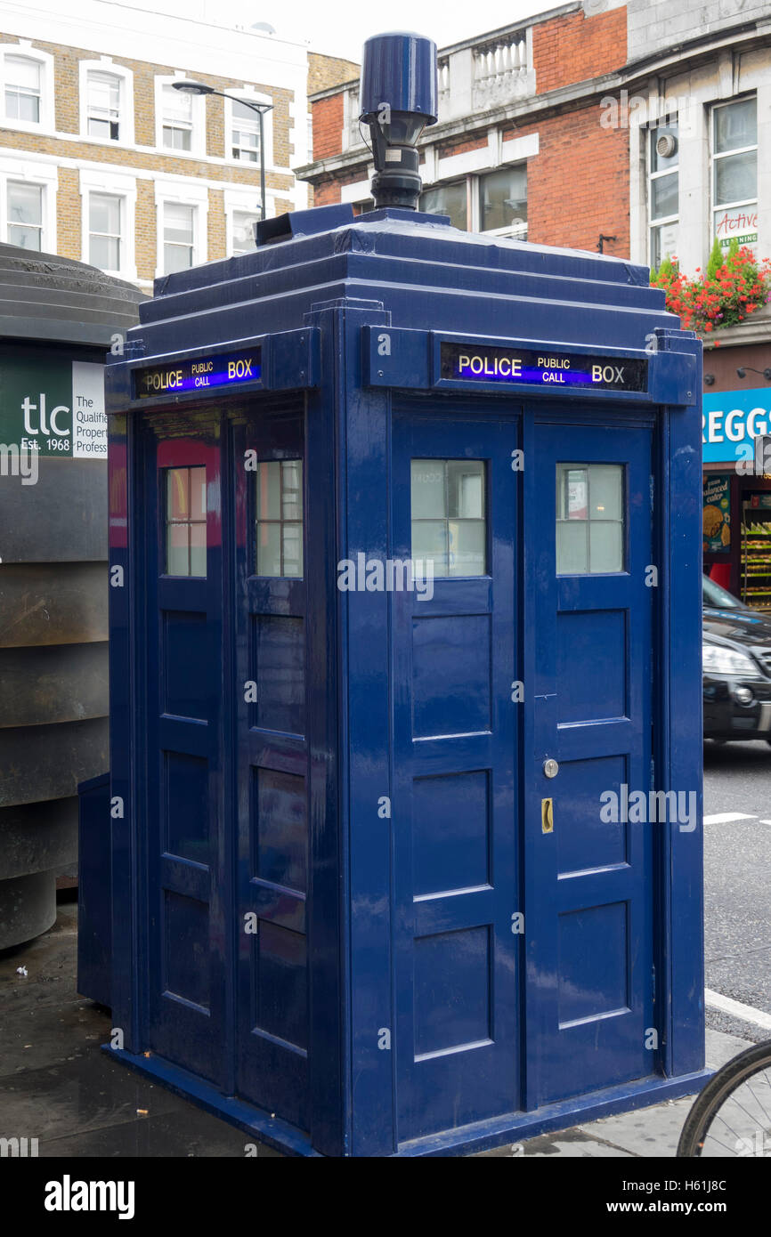 Blue Police Call box at Earls Court known from Dr Who Stock Photo Alamy