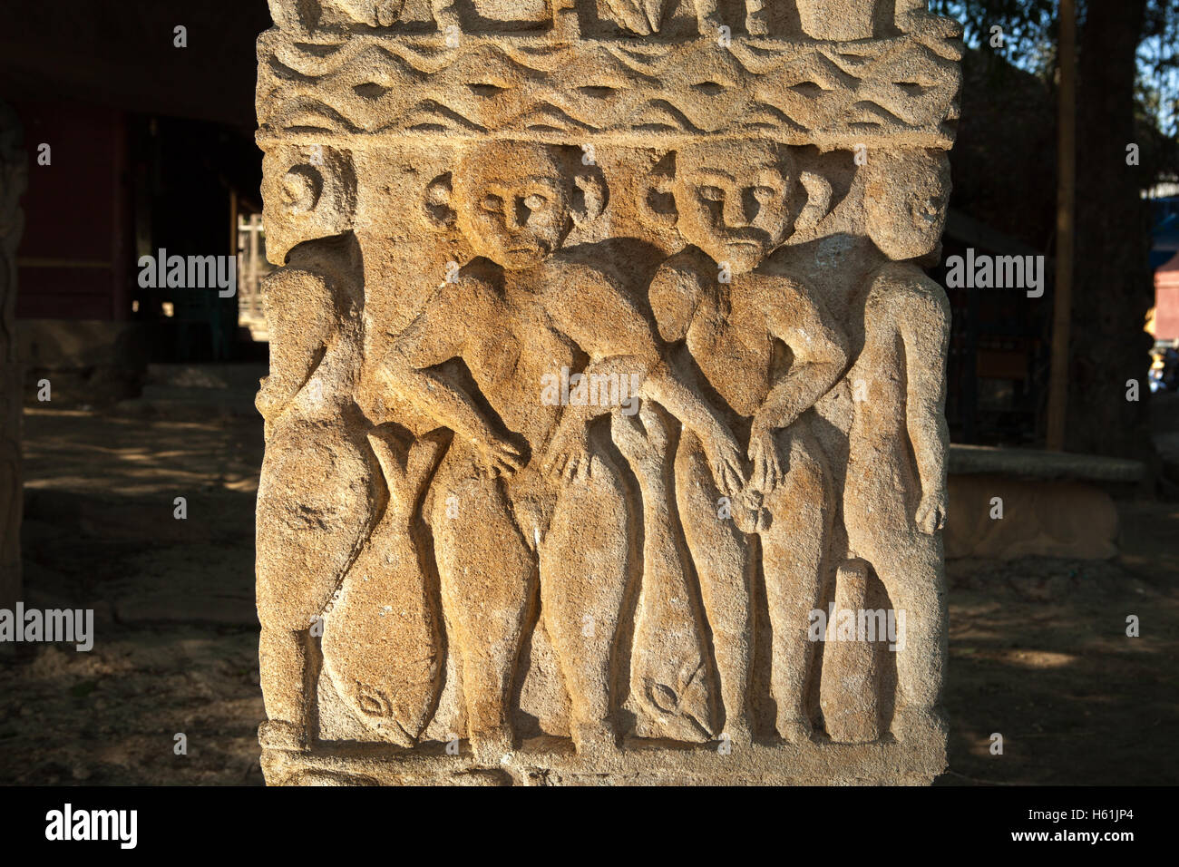 Human figures carved on stone, a cultural object in traditional village of Prailiu in Kambera, East Sumba, East Nusa Tenggara, Indonesia. Stock Photo