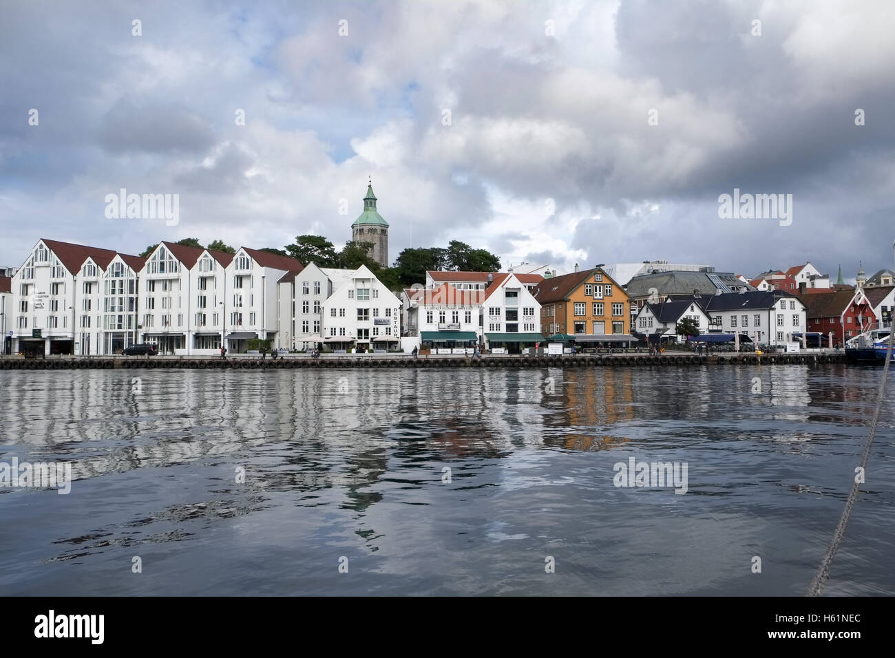 Stavanger, Norway - July 2016: A panoramic view of a hotel, bars and restaurants overlooking the harbour Stock Photo