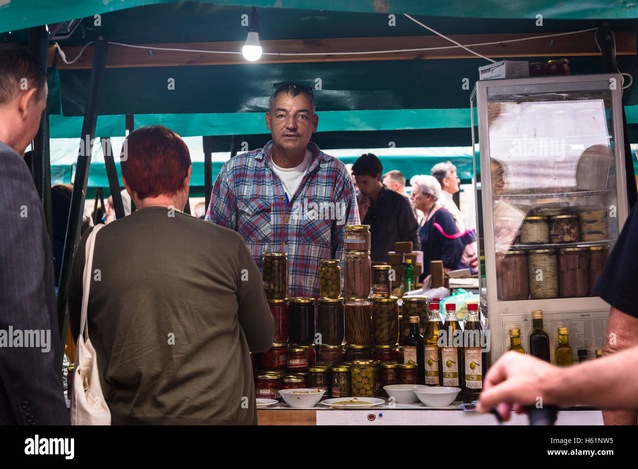 Stall with olive oil and olives, Producers' artisan market, Ban Jelacic Square, Zagreb, Croatia Stock Photo