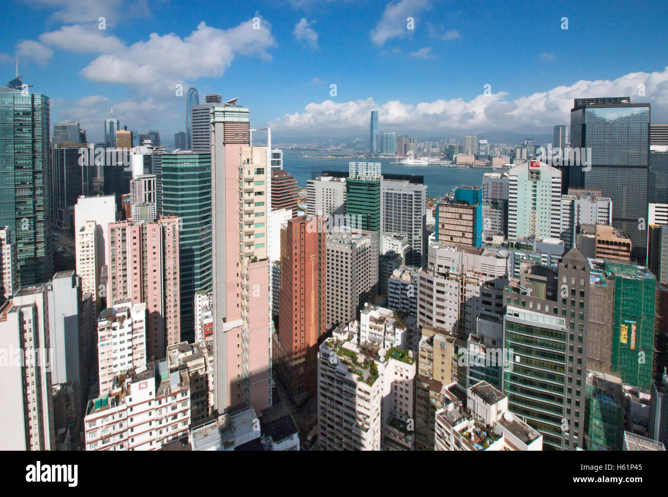 Skyscrapers business center of Hong Kong Island Wan Chai China Asia seen from rooftop terrace. Stock Photo