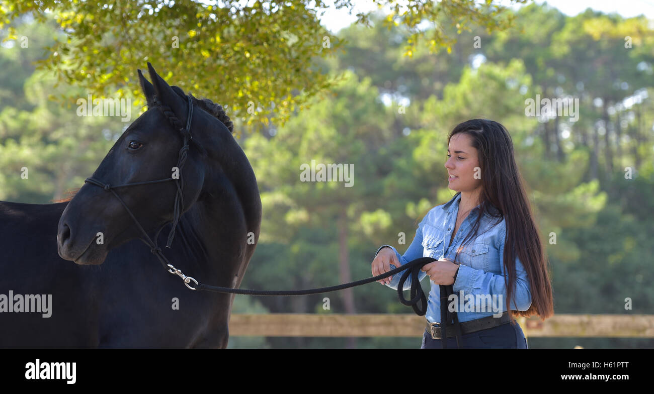 Woman and his horse, equestrian center, France Stock Photo Alamy