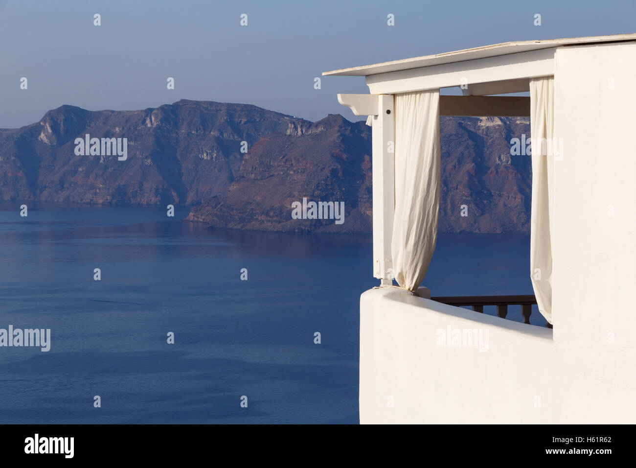 balcony in Oia with view on caldera of Santorini Stock Photo