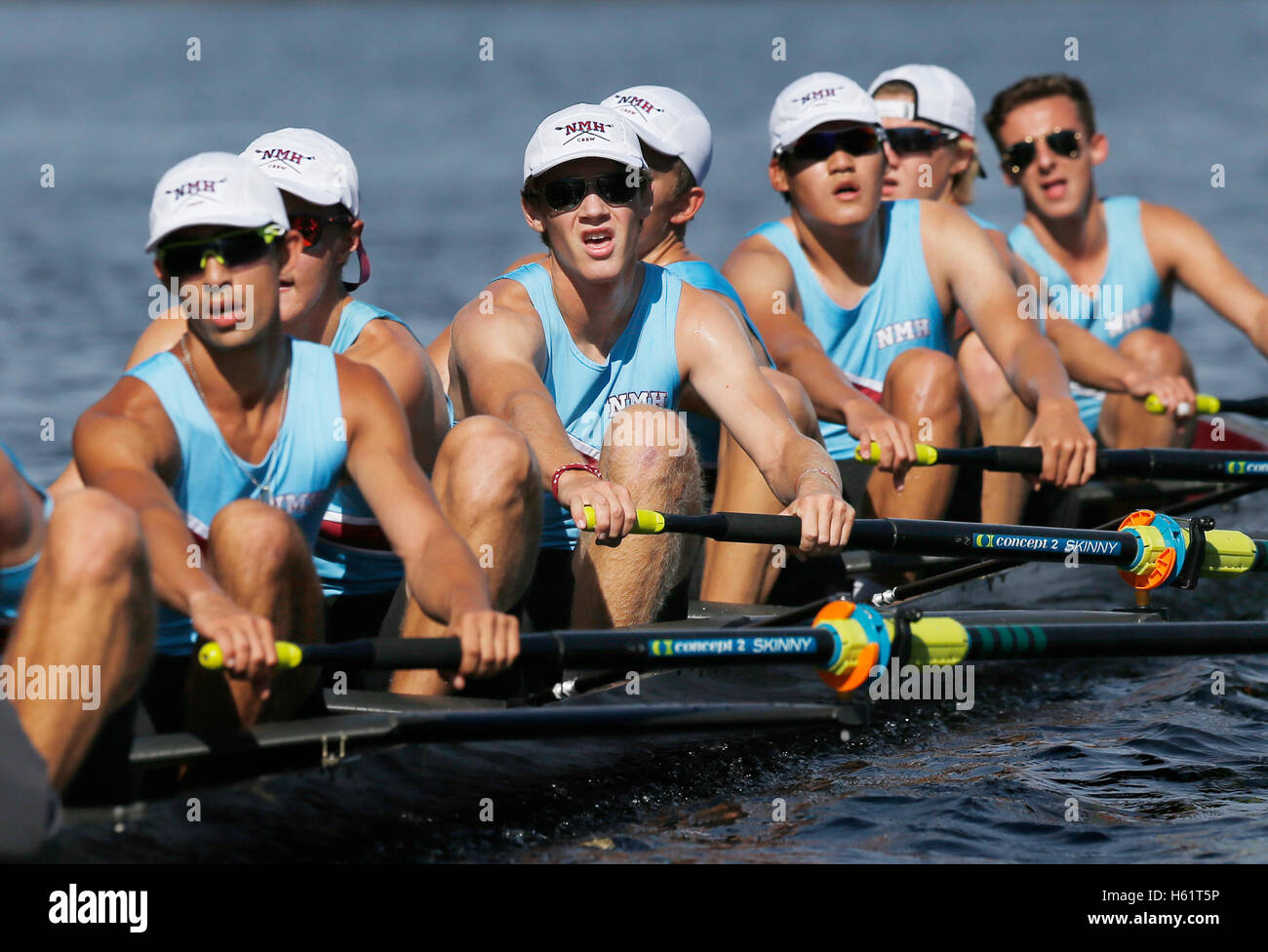 High school team sports, rowing on the Connecticut River, Gill, Massachusetts Stock Photo