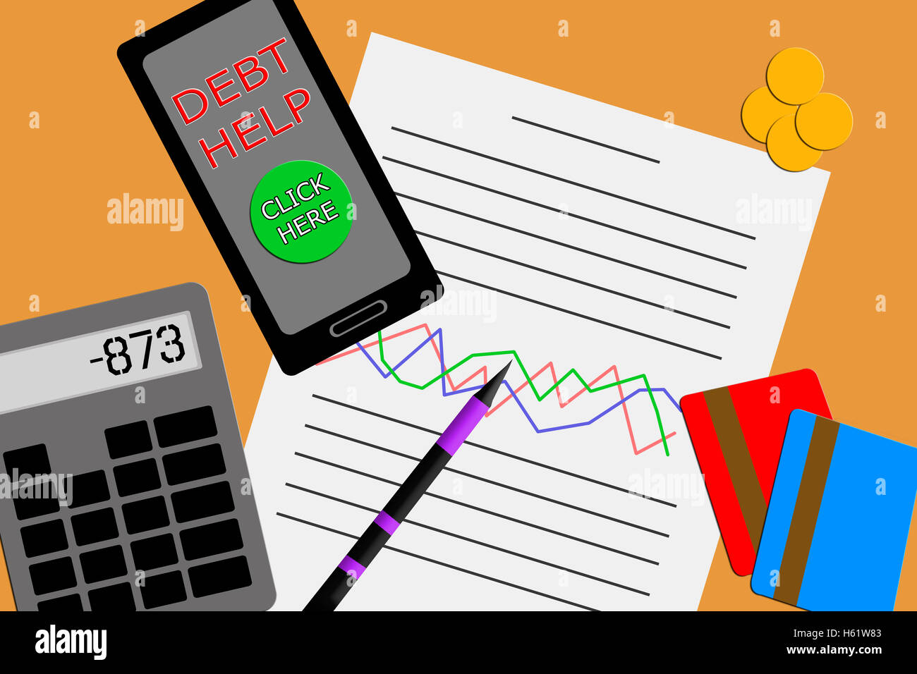 Flat design above view of a desktop showing a financial report with a graph under two credit cards and a calculator with a smart Stock Photo