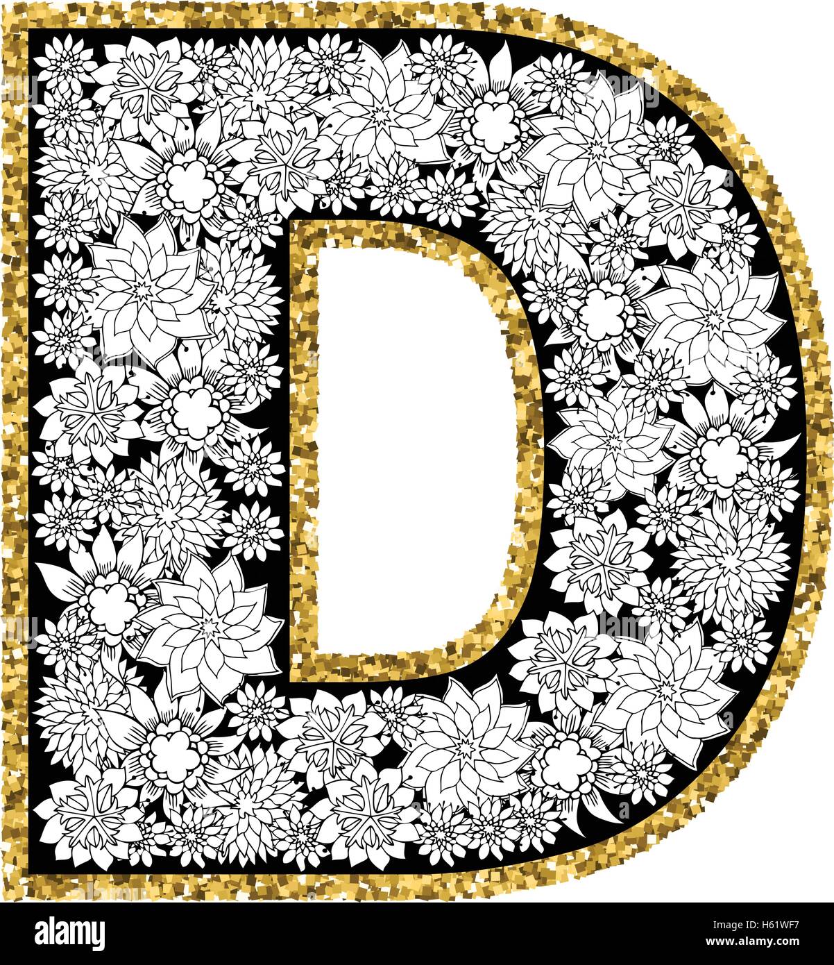 Hand drawn floral alphabet design. Gold glittering contour. Letter D. Stock Vector