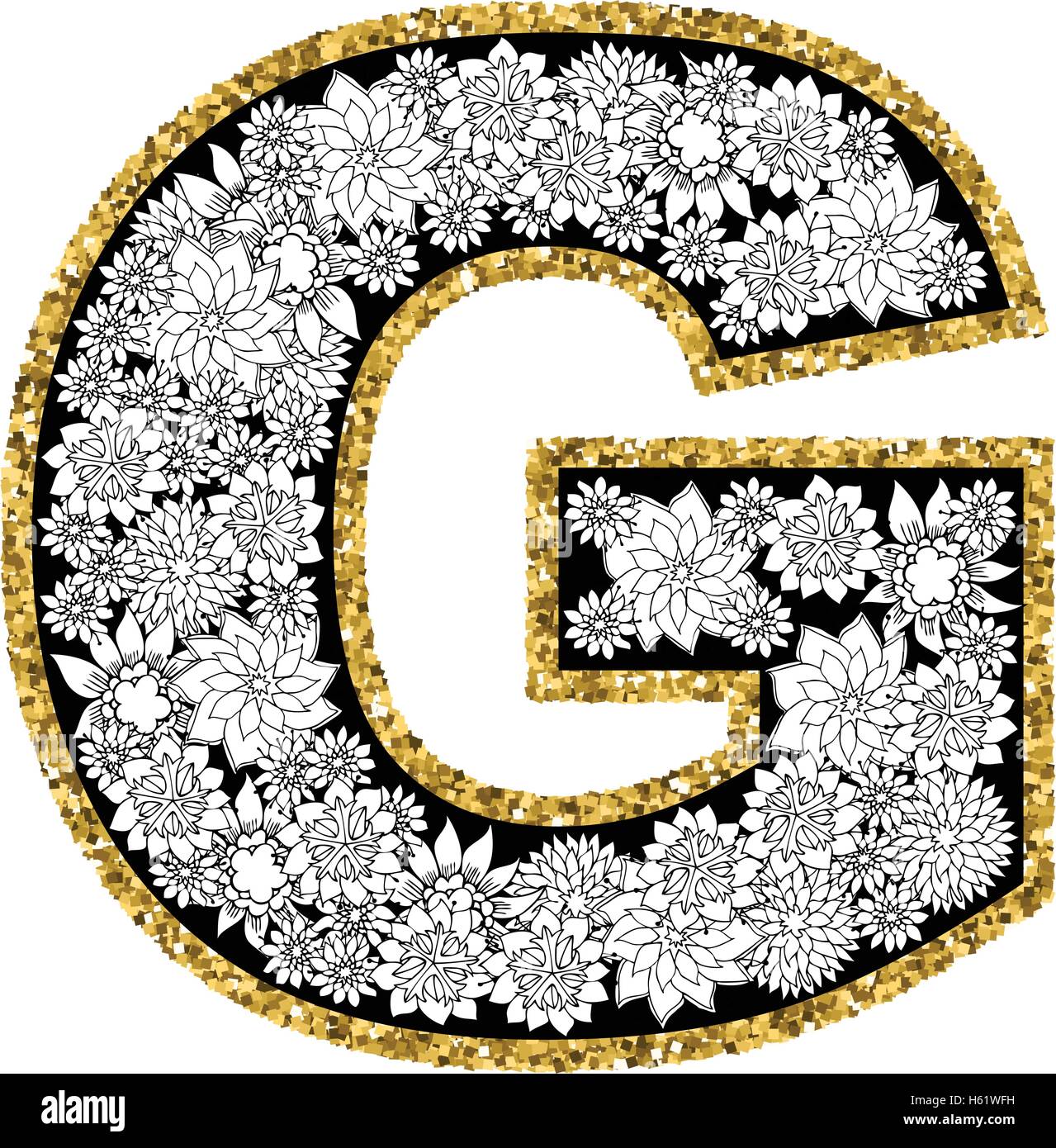 Hand drawn floral alphabet design. Gold glittering contour. Letter G. Stock Vector