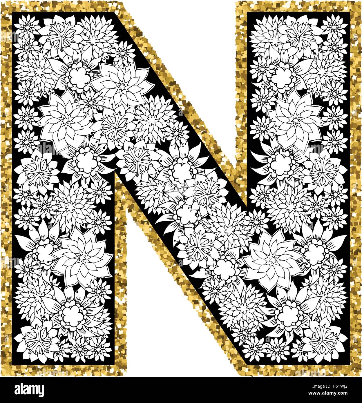 Hand drawn floral alphabet design. Gold glittering contour. Letter N. Stock Vector