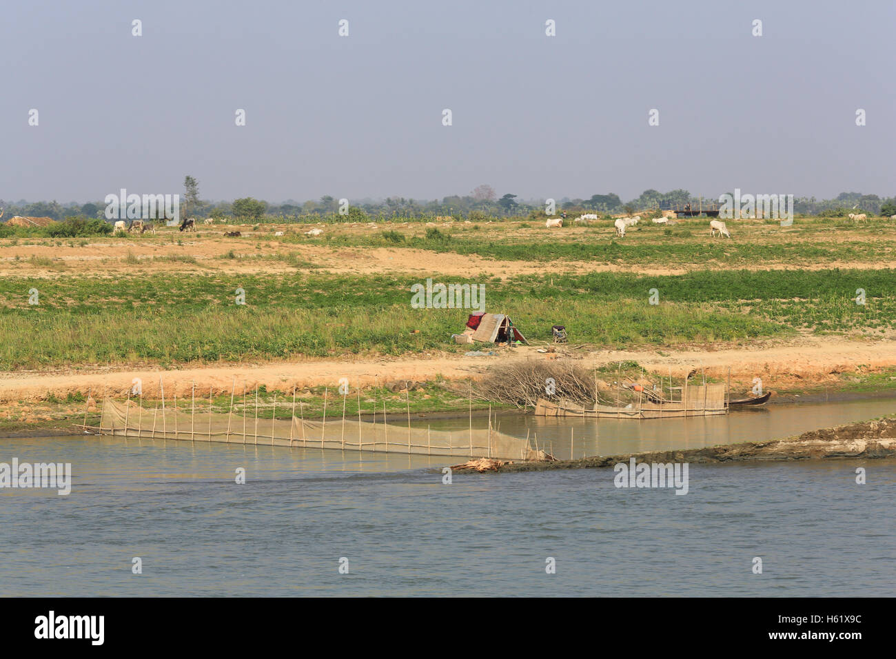 Fishermen use nets to trap fish on the Irrawaddy River in Myanmar. Stock Photo