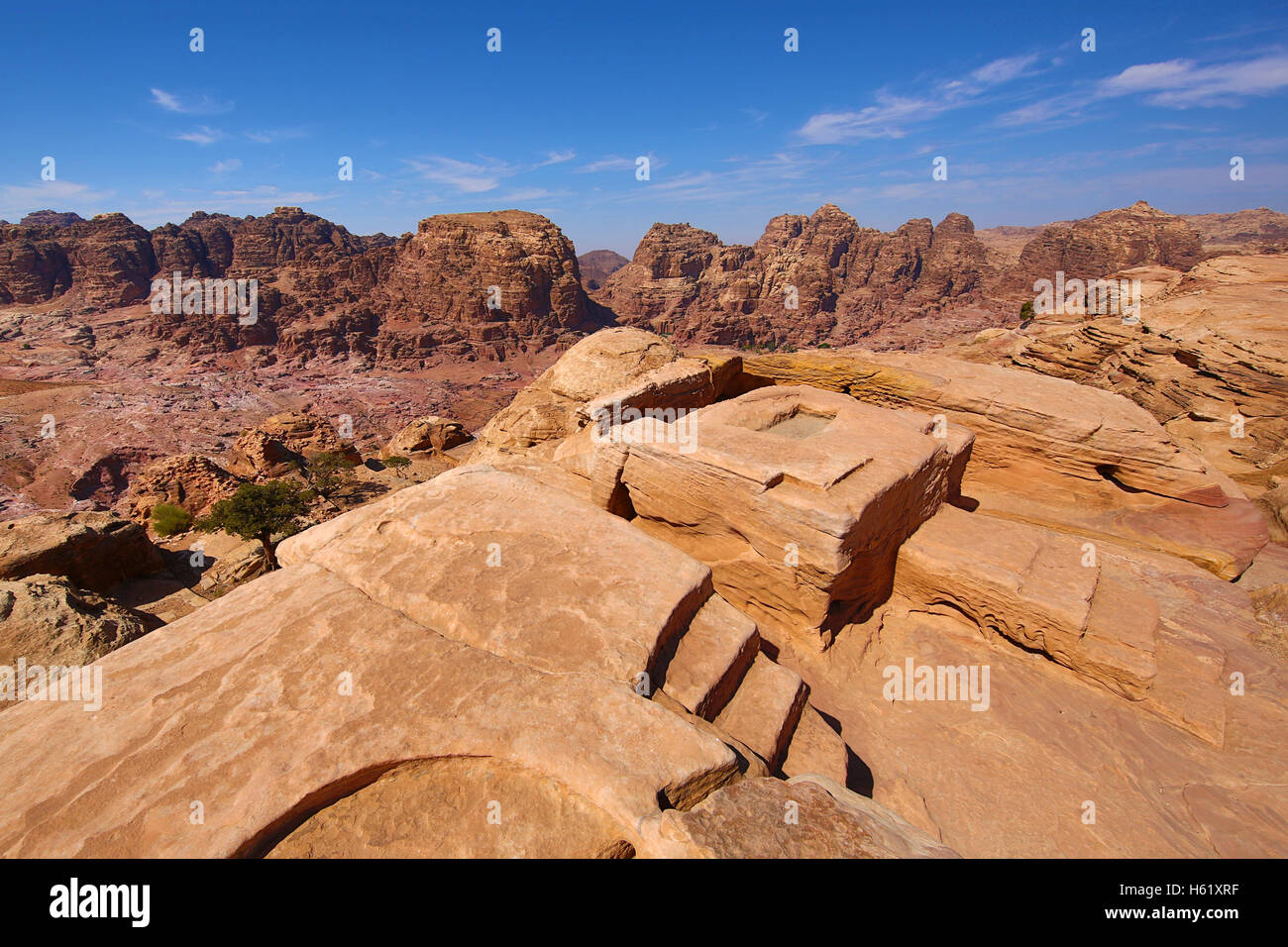 The High Place of Sacrifice overlooking the valley of the rock city of Petra, Jordan Stock Photo