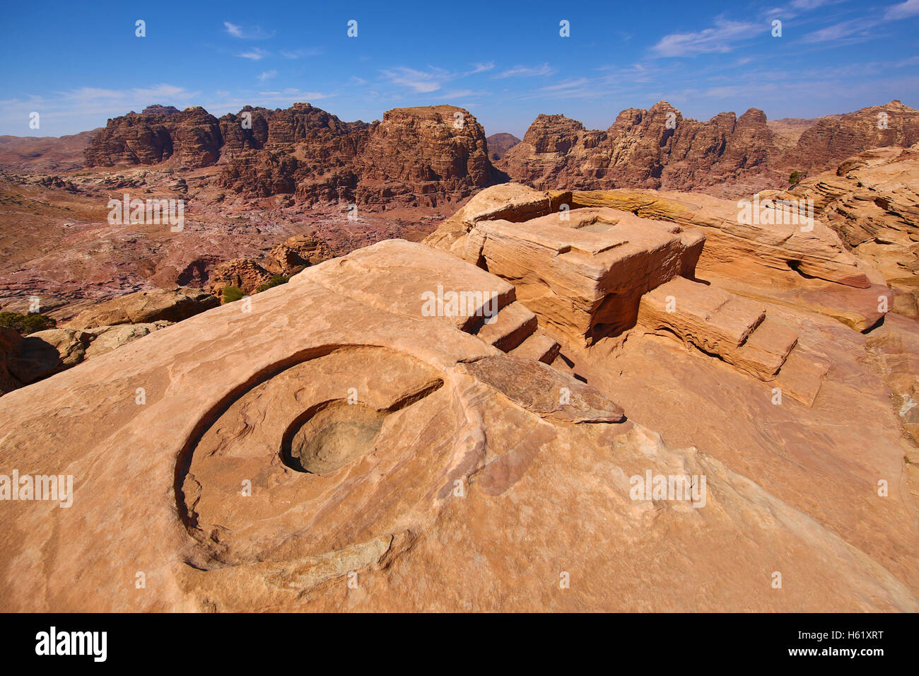 The High Place of Sacrifice overlooking the valley of the rock city of Petra, Jordan Stock Photo