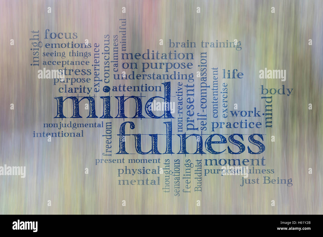 mindfulness word cloud against motion blurred landscape abstract Stock Photo