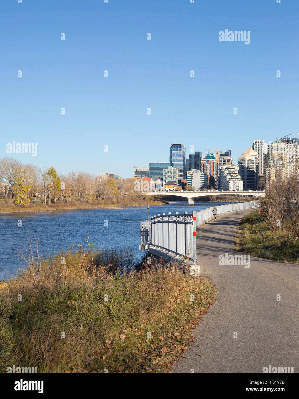 Bow River pathway leading to downtown Calgary, Alberta, Canada Stock Photo