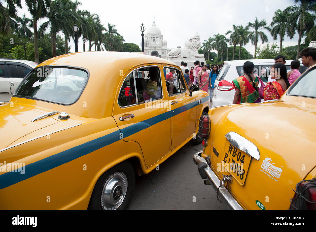 yellow Ambassador car  Taxi   at  Victoria Memorial in Kolkata  West Bengal India. Stock Photo