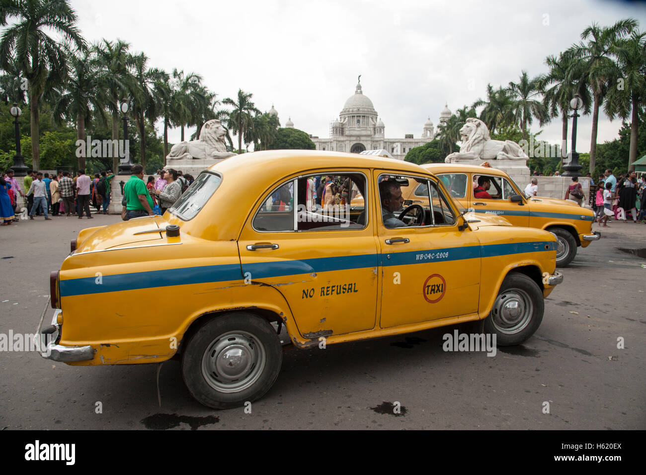 yellow Ambassador car  Taxi   at  Victoria Memorial in Kolkata  West Bengal India. Stock Photo