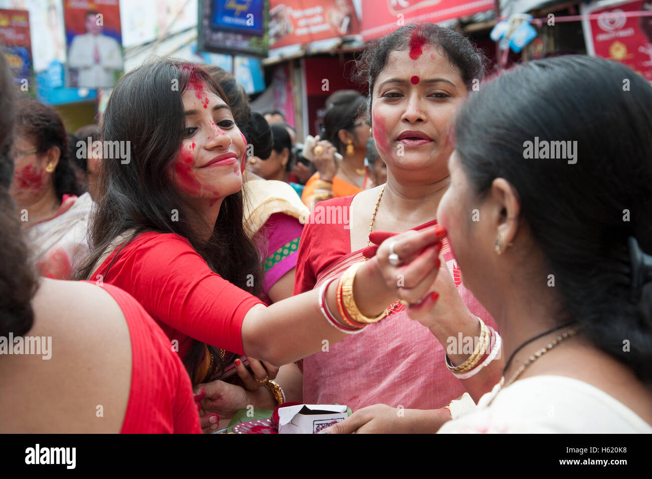 Sindoor Khela (Amitayu) The Last Ritual for Bengali Married Women on Vijayadashami Durga puja Kolkata West Bengal India Stock Photo