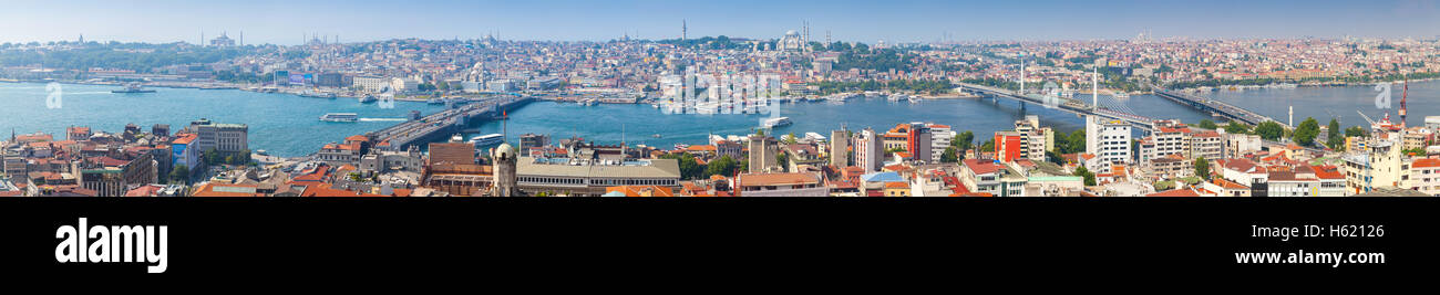 Istanbul, Turkey - July 1, 2016: Extra wide panoramic photo of Istanbul, Turkey. Summer cityscape with Golden Horn Stock Photo