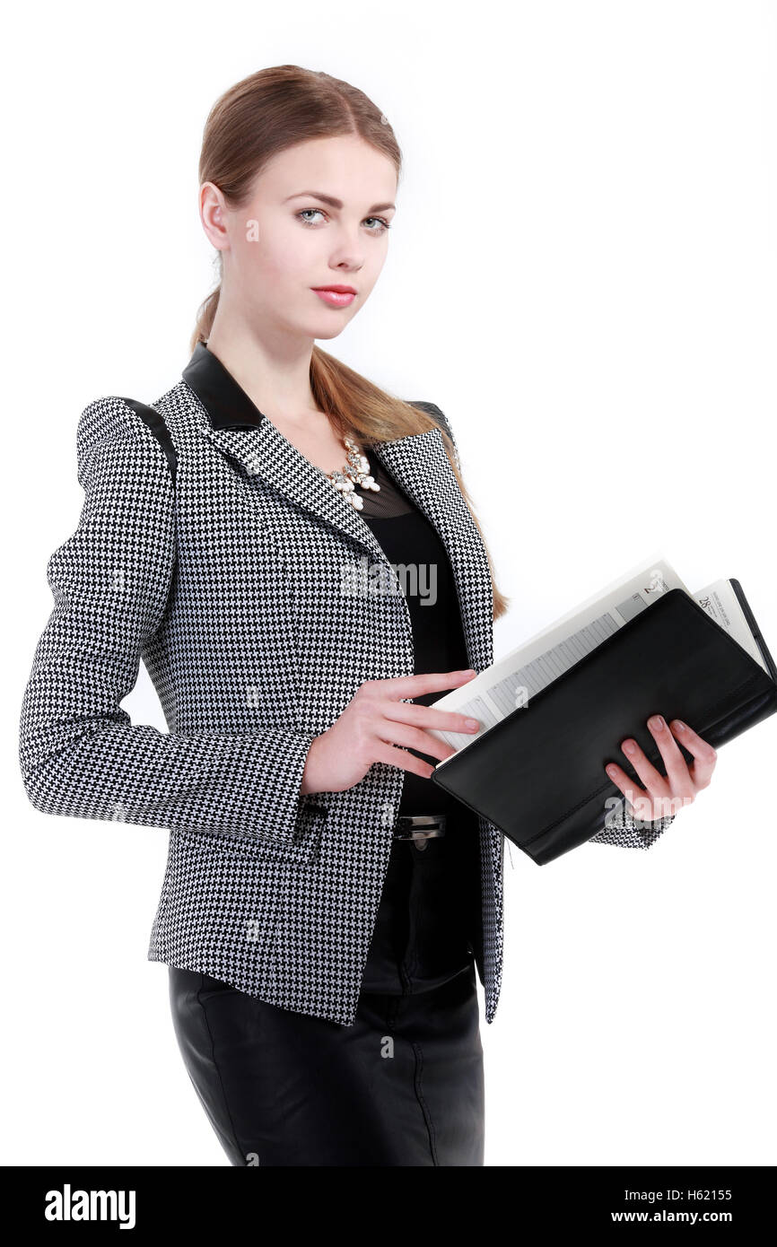 Portrait of smiling business woman with paper folder, isolated Stock ...