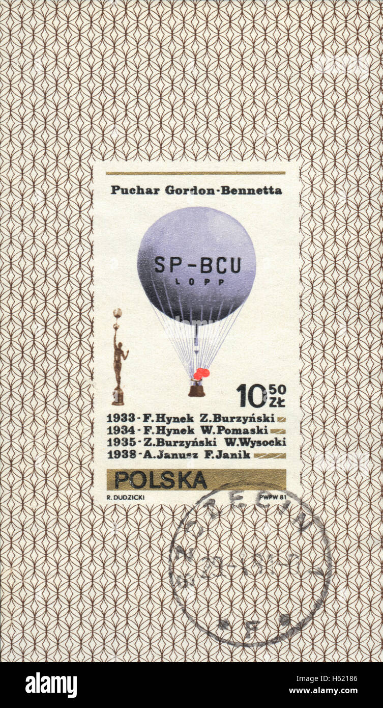 A postage stamp printed in Poland, shows air balloon SP-BCU 1933 - 1938, 1981 Stock Photo